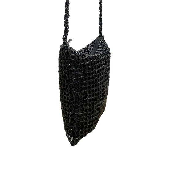 Handmade Women’s Black Beaded Squared Woven Pattern Long Strap Crossbody Bag - Picture 3 of 11